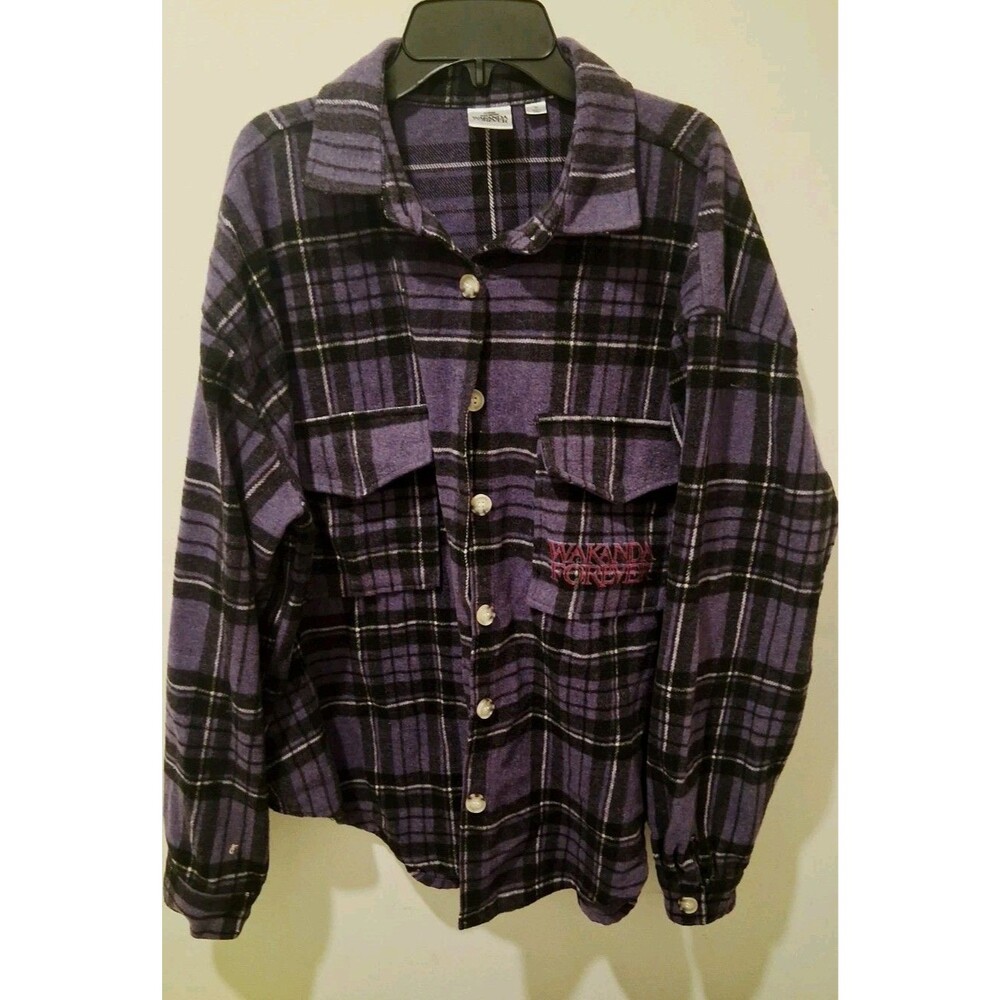 Marvel Black Panther Wakanda Forever Shirt Womens Purple Flannel Plaid Shacket